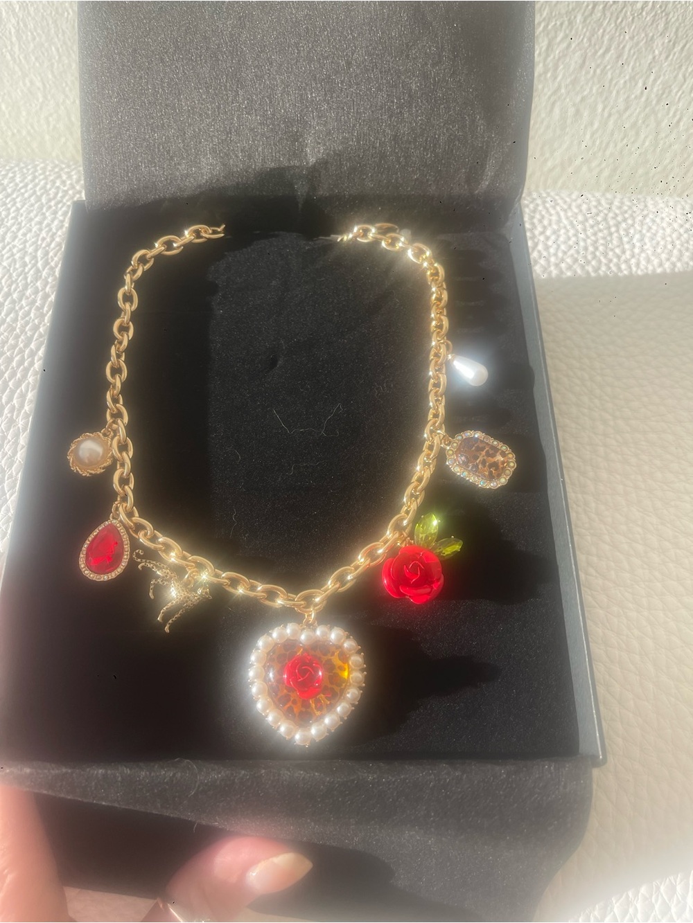 Betsey Johnson Gold-Tone Charm Necklace with Red Rose and Pearl Accents